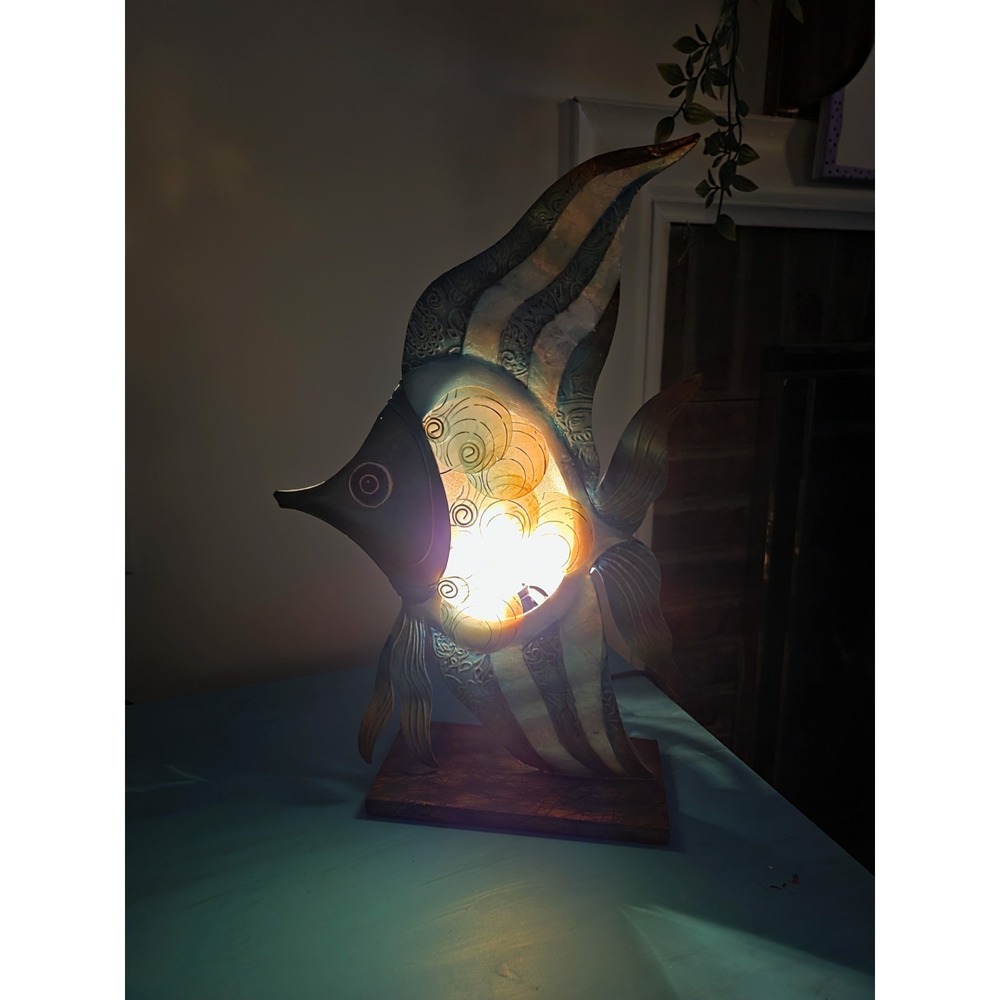 Pier 1 Imports Metal Fish Lamp Capiz Shell Coastal Nautical Accent Light